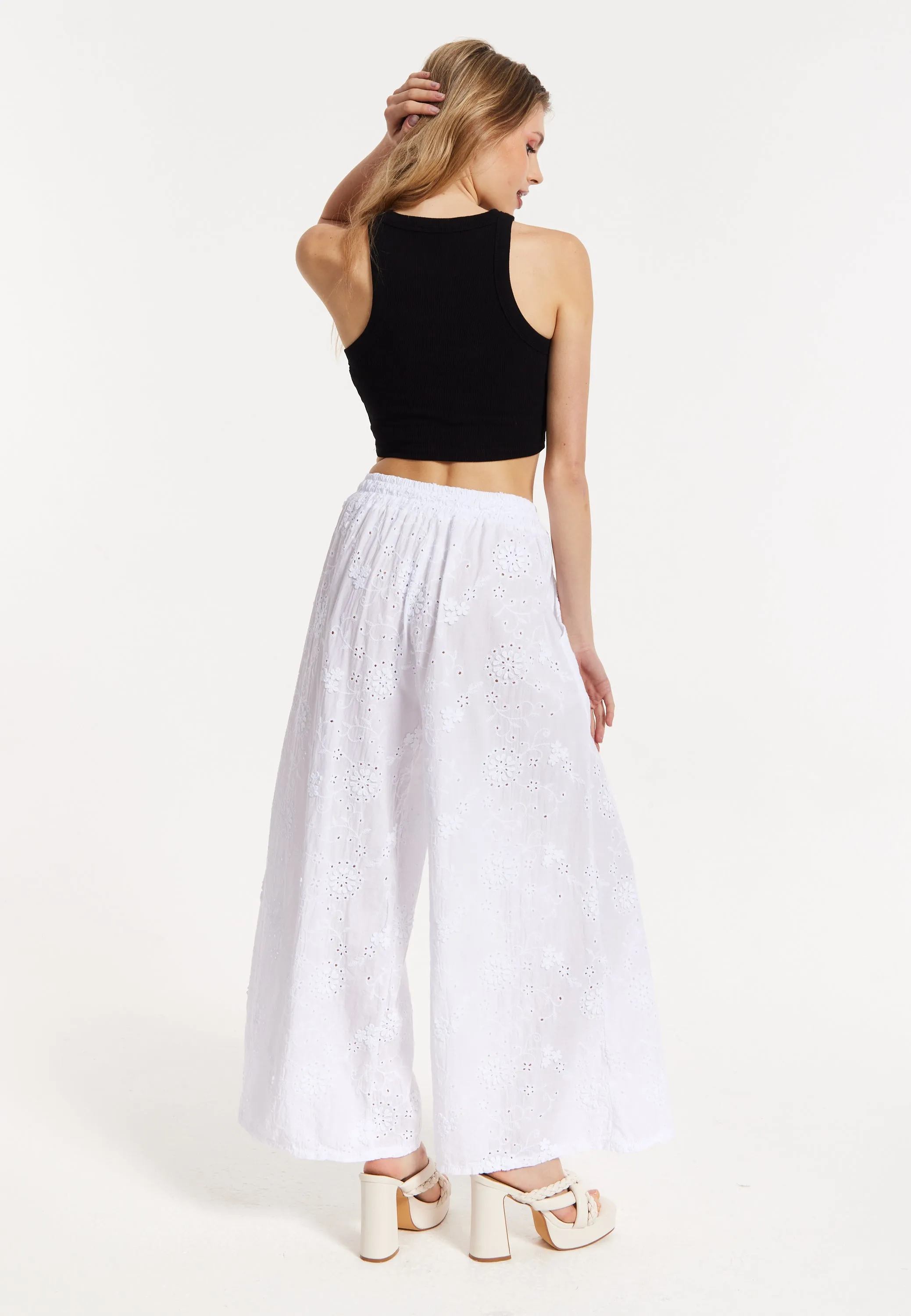White Embroidered Wide Leg Trousers