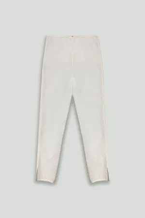 White Textured Cotton Blend Ankle Pant