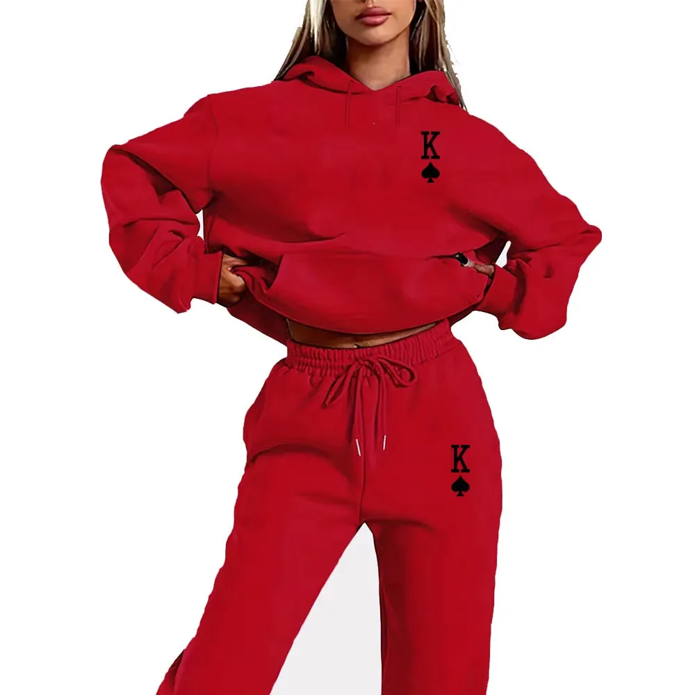 Women's 2-Piece K-Print Sports Suit - Hoodie & Sweatpants Jogging Set for Stylish Sportswear