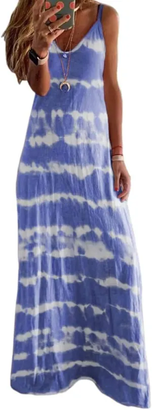 Women's Beach Sleeveless Tie Dye Loose Long Maxi Dress