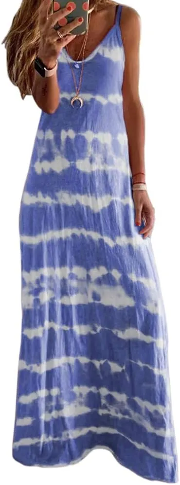Women's Beach Sleeveless Tie Dye Loose Long Maxi Dress