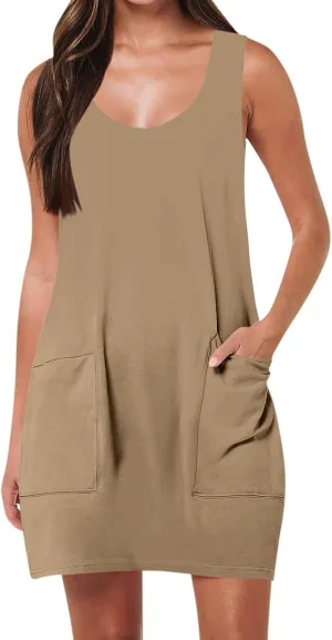 ZWRXW Sundresses for Women with Pockets Summer Dresses U Neck Sleeveless Tank Dress Short Mini Dresses Beach Swimsuit Coverup